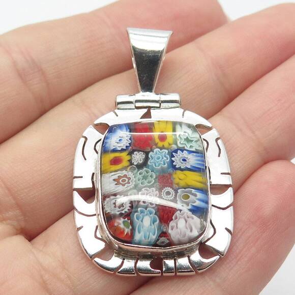 Other - 950 Silver Vintage Multi-Color Glass Floral Pendant